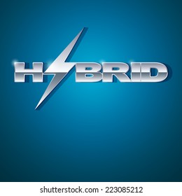 Silver letters Hybrid with lightning on metallic glossy surface. Car and automobile industry. Vector Illustration.