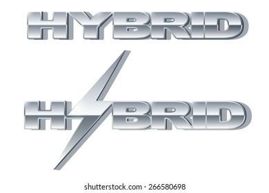 Silver letters Hybrid with lightning on metallic glossy surface. Car and automobile industry. Vector Illustration.