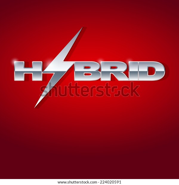 Silver letters\
Hybrid with lightning on metallic glossy surface. Car and\
automobile industry. Vector\
Illustration.