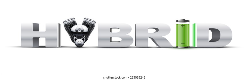 Silver letters Hybrid on with engine and battery. Eco green alternative automobile industry. Vector Illustration.