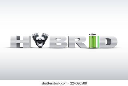 Silver letters Hybrid on with engine and battery. Eco green alternative automobile industry. Vector Illustration.