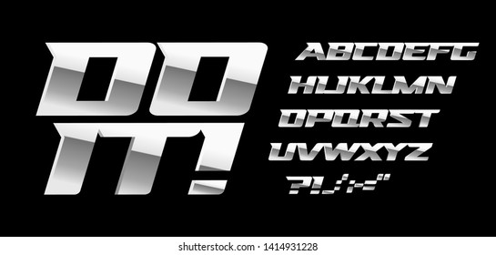 Silver letters and symbols set on black background. Metal style vector latin alphabet. Font for automotive or bodybuilding sport. Typography design.