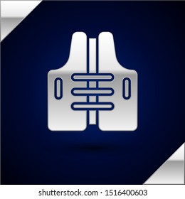 Silver Life jacket icon isolated on dark blue background. Life vest icon. Extreme sport. Sport equipment.  Vector Illustration