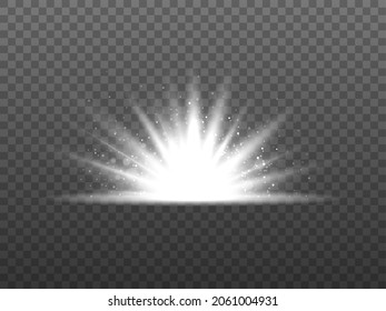 Silver light effect. Glowing white star with bright particles and bokeh. Magic glittering burst with dust. Silver shining explosion. Sparkling flash isolated. Vector illustration.