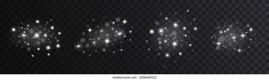 Silver light effects. Glowing particle, glow burst lights. White magic glitter and explosion, lighting sparks flare. Shine stars exact vector set