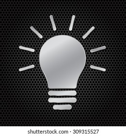 Silver light lamp sign icon. Idea symbol on dark carbon polygon background.