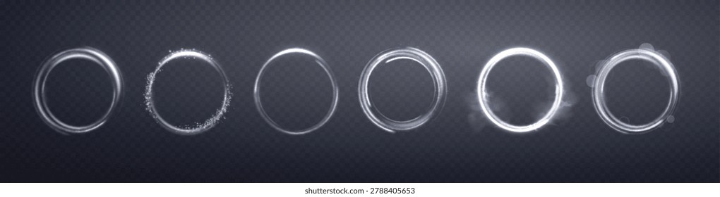 Silver light ring round, white glitter neon circle, grey energy ring frame. Curve light effect. Abstract vector flare. Vector illustration.