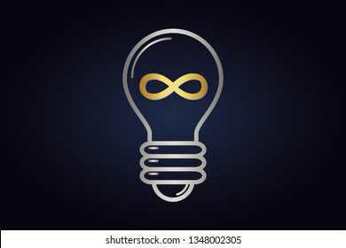 Silver lightbulb vector circuit. Minimalistic vector logo of electric bulb with golden infinity sign inside. Isolated lightbulb on dark background.
