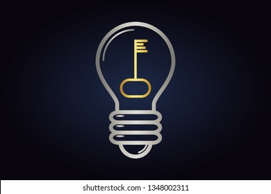 Silver lightbulb vector circuit. Minimalistic vector logo of electric bulb with golden key inside. Isolated lightbulb on dark background.