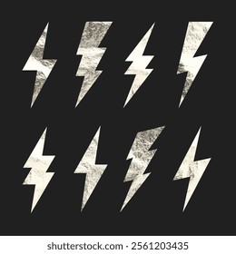 Silver lightning bolt icons collection. Gold foil texture. Flash symbol, thunderbolt. Simple lightning strike sign. Vector illustration