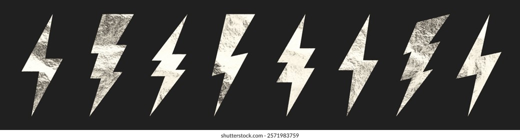 Silver lightning bolt icons collection. Gold foil texture. Flash symbol, thunderbolt. Simple lightning strike sign. Vector illustration