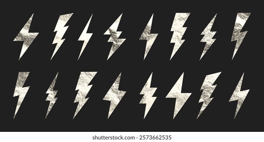 Silver lightning bolt icons collection. Gold foil texture. Flash symbol, thunderbolt. Simple lightning strike sign. Vector illustration