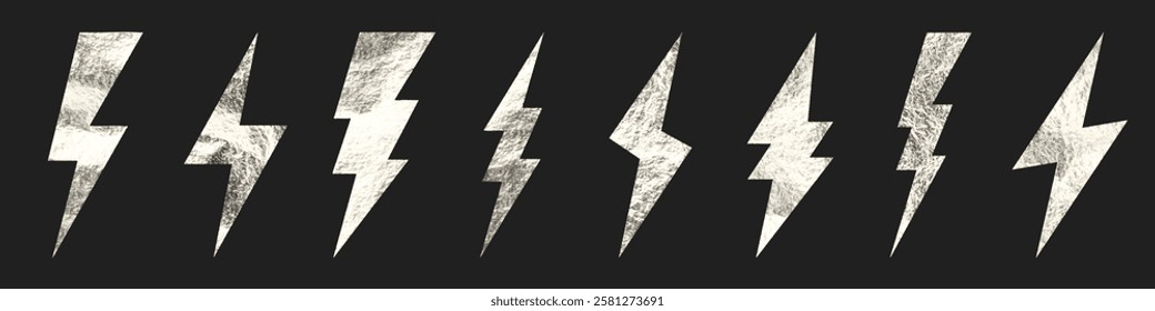 Silver lightning bolt icons collection. Gold foil texture. Flash symbol, thunderbolt. Simple lightning strike sign. Vector illustration