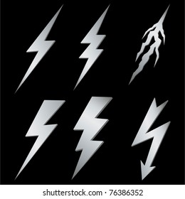 Silver lightning set on black. Vector