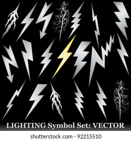 Silver lightning set on black. Huge  Vector set