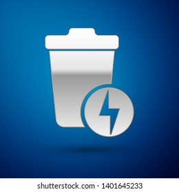 Silver Lightning with trash can icon isolated on blue background. Waste to energy. Garbage bin sign. Recycle basket sign. Vector Illustration