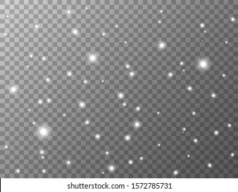 Silver lights on transparent background. White glowing effect with particles. Shining glitter. Magic light template with silver dust. Christmas design. Vector illustration.