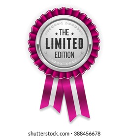 Silver limited edition rosette, badge with purple ribbon on white background