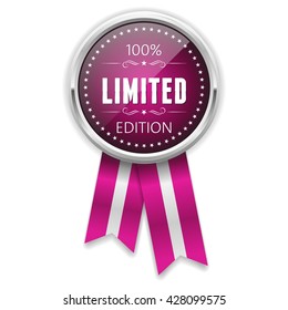 Silver limited edition rosette, badge with purple ribbon on white background