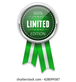 Silver limited edition rosette, badge with green ribbon on white background