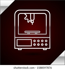 Silver line 3D printer icon isolated on dark red background.  Vector Illustration