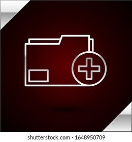 Línea plateada Agregar nuevo icono de carpeta aislado en fondo rojo oscuro. Nuevo archivo de carpeta. Icono de copia del documento. Agregar adjuntar crear carpeta hacer nuevos más.  Ilustración vectorial