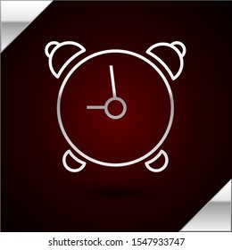 Silver line Alarm clock icon isolated on dark red background. Wake up, get up concept. Time sign.  Vector Illustration
