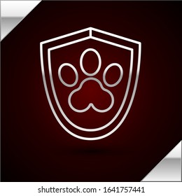 Silver line Animal health insurance icon isolated on dark red background. Pet protection icon. Dog or cat paw print.  Vector Illustration