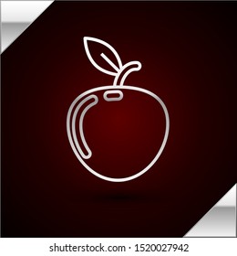 Silver line Apple icon isolated on dark red background. Fruit with leaf symbol.  Vector Illustration