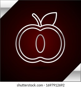 Silver line Apple icon isolated on dark red background. Fruit with leaf symbol.  Vector Illustration
