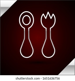Silver line Baby plastic cutlery with fork and spoon icon isolated on dark red background. Cutlery for kid. Childrens dining items.  Vector Illustration