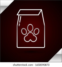Silver line Bag of food for pet icon isolated on dark red background. Food for animals. Pet food package. Dog or cat paw print.  Vector Illustration