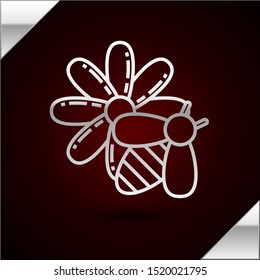 Silver line Bee and flower icon isolated on dark red background. Sweet natural food. Honeybee or apis with wings symbol. Flying insect.  Vector Illustration