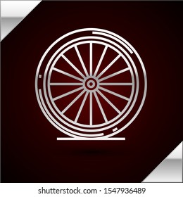 Silver line Bicycle wheel icon isolated on dark red background. Bike race. Extreme sport. Sport equipment.  Vector Illustration