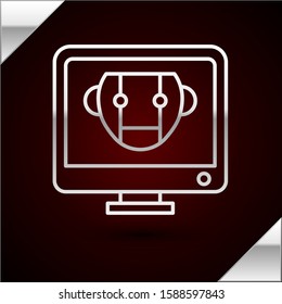 Silver line Bot icon isolated on dark red background. Computer monitor and robot icon.  Vector Illustration