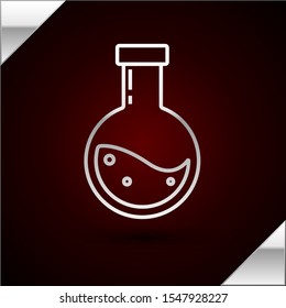 Silver line Bottle with potion icon isolated on dark red background. Flask with magic potion. Happy Halloween party.  Vector Illustration