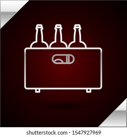 Silver line Bottles of wine in a wooden box icon isolated on dark red background. Wine bottles in a wooden crate icon.  Vector Illustration