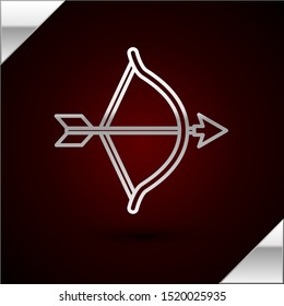 Silver line Bow and arrow icon isolated on dark red background. Cupid symbol. Love sign. Valentines day concept.  Vector Illustration