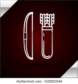 Silver line Bow and arrow in quiver icon isolated on dark red background.  Vector Illustration