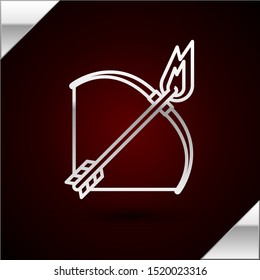 Silver line Bow and fire arrow icon isolated on dark red background.  Vector Illustration