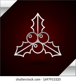 Silver line Branch viburnum or guelder rose icon isolated on dark red background. Merry Christmas and Happy New Year.  Vector Illustration