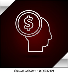 Silver line Business man planning mind icon isolated on dark red background. Human head with dollar. Idea to earn money. Business investment growth.  Vector Illustration