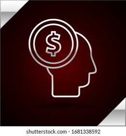 Silver line Business man planning mind icon isolated on dark red background. Human head with dollar. Idea to earn money. Business investment growth.  Vector Illustration