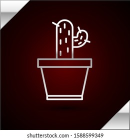 Silver line Cactus and succulent in pot icon isolated on dark red background. Plant growing in a pot. Potted plant sign.  Vector Illustration