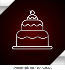 Silver line Cake icon isolated on dark red background. Happy Birthday.  Vector Illustration