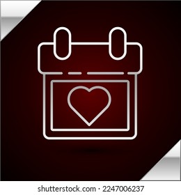 Silver line Calendar with heart icon isolated on dark red background. Valentines day. Love symbol. February 14.  Vector Illustration