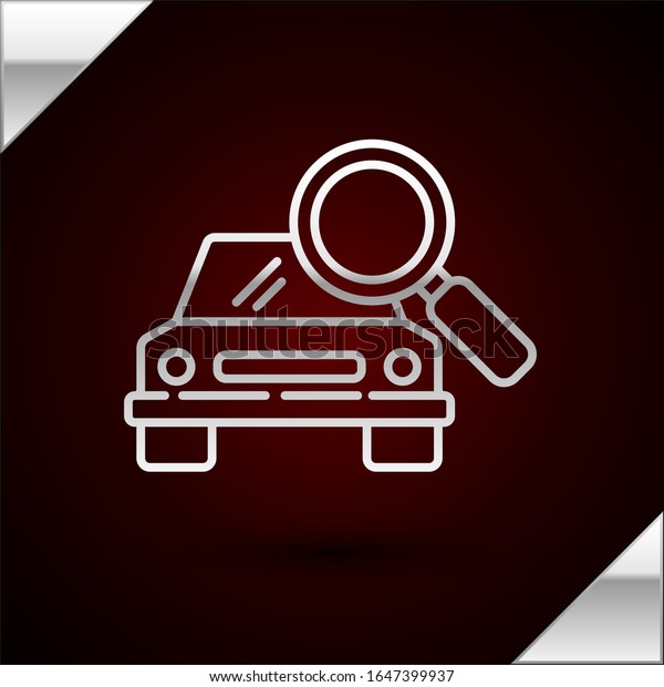 Silver line Car\
search icon isolated on dark red background. Magnifying glass with\
car.  Vector\
Illustration