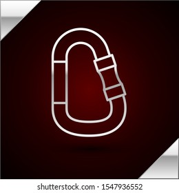 Silver line Carabiner icon isolated on dark red background. Extreme sport. Sport equipment.  Vector Illustration