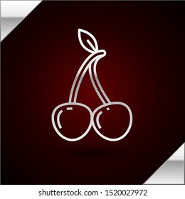 Silver line Cherry icon isolated on dark red background. Fruit with leaf symbol.  Vector Illustration