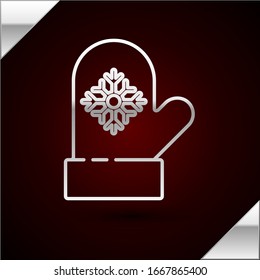 Silver line Christmas mitten icon isolated on dark red background.  Vector Illustration